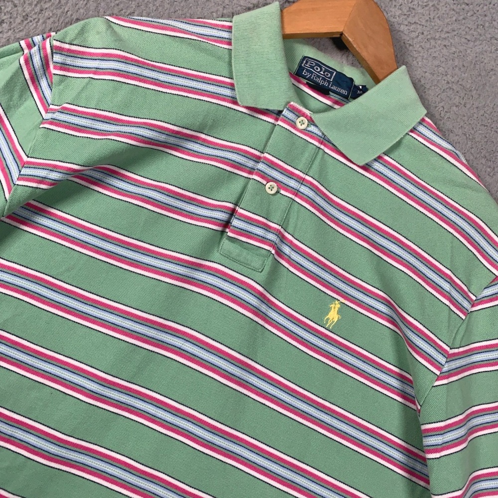 Polo Ralph Lauren Pique Polo Shirt Men's Medium M Classic Fit Green Pink Striped